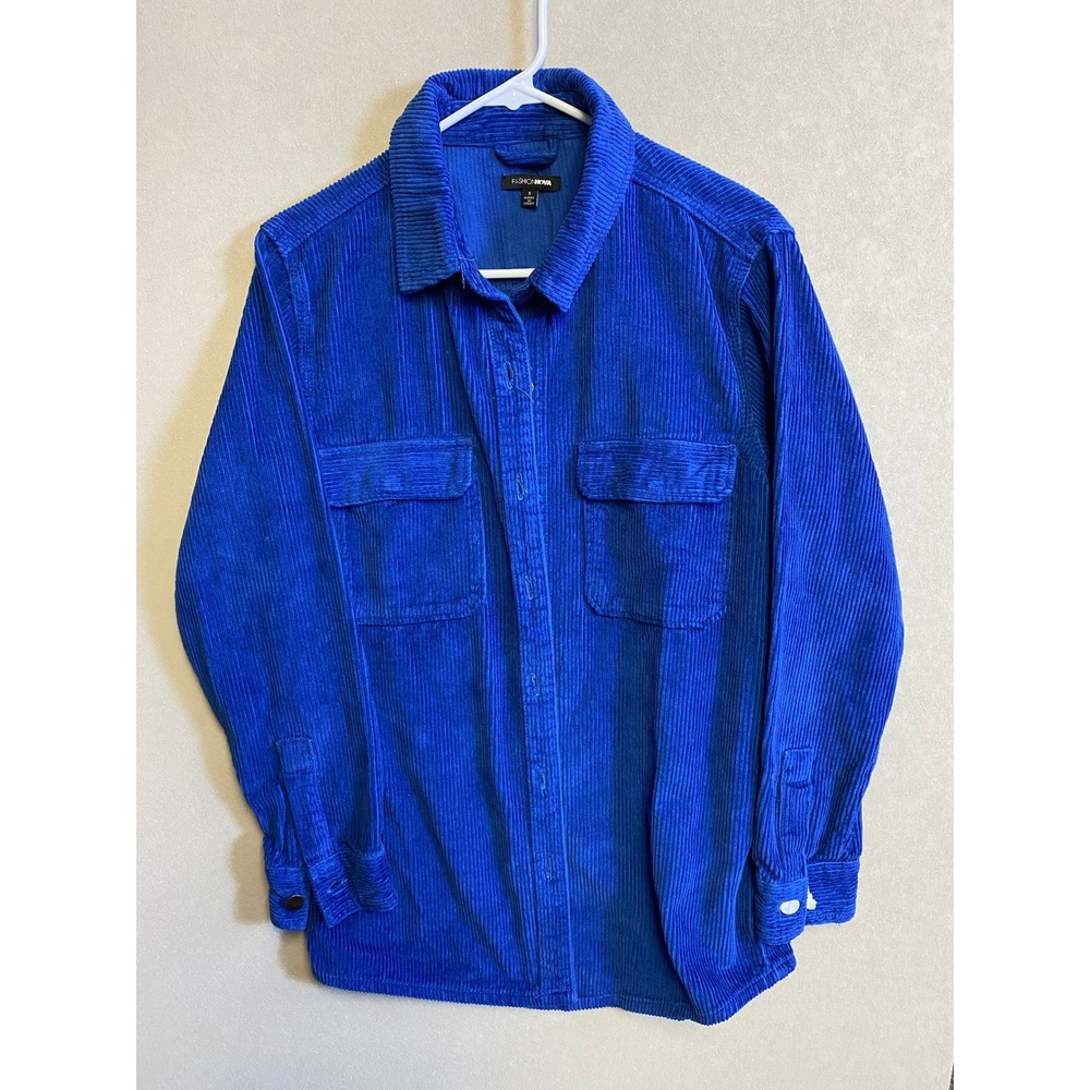 Fashion Nova Womens Royal Blue Corduroy Shirt Jacket Shacket Size S Long Sleeve